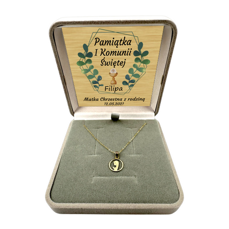 Złoty Medalik 585 z Matką Boską Fatimską w Okręgu – Łańcuszek Ankier w Pudełku z Dedykacją