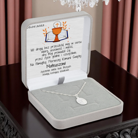 Elegancki zestaw: medalik srebrny + łańcuszek + pudełko z Twoją dedykacją