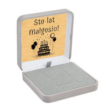 Szare pudełko welurowe z białym atłasem + złota tabliczka z dedykacją