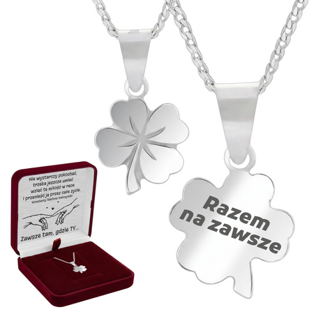 Srebrny naszyjnik koniczynka 925 z grawerem – łańcuszek pancerka + pudełko z dedykacją