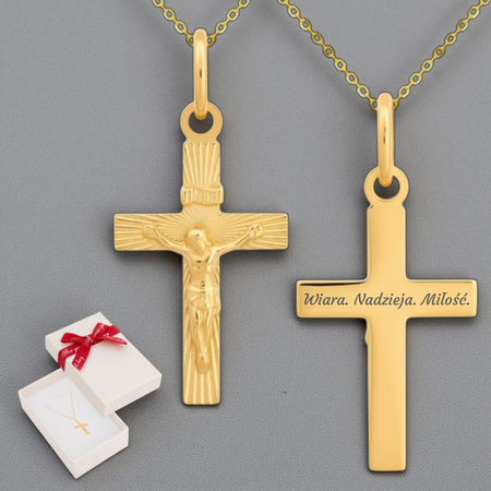 Złoty krzyżyk diamentowany z Jezusem próba 585 z łańcuszkiem ankier i pudełkiem z kokardką + grawer gratis