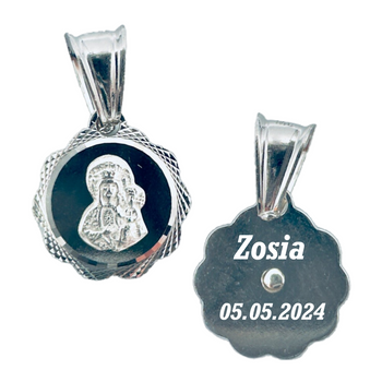 Srebrny medalik z grawerem Matka Boska Częstochowska Prezent na Chrzest, na Komunię, na Bierzmowanie