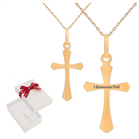 Krzyżyk z łańcuszkiem ankier diamentowany złoty pr. 585 45 cm w pudełku z kokardką złoty pr. 585 – łańcuszek cienka pancerka 50 cm i krzyżyk z grawerem w pudełku