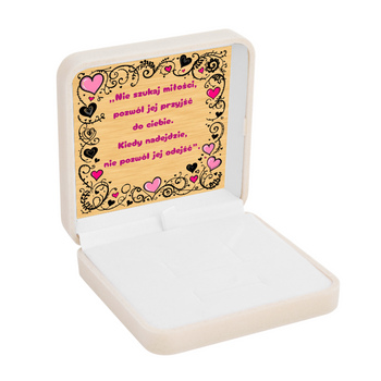 Kremowe pudełko welurowe z białym atłasem + złota tabliczka z dedykacją