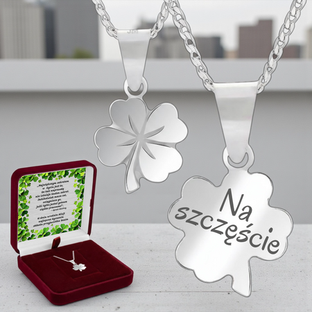 Srebrny naszyjnik koniczynka 925 z grawerem – łańcuszek pancerka + pudełko z dedykacją