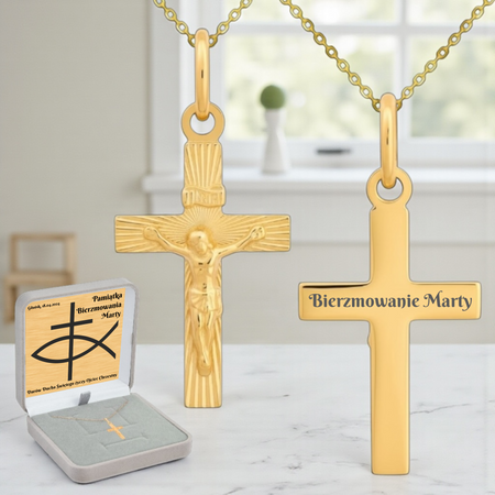 Złoty krzyżyk diamentowany 585 z Jezusem + łańcuszek ankier, pudełko welurowe szare z dedykacją
