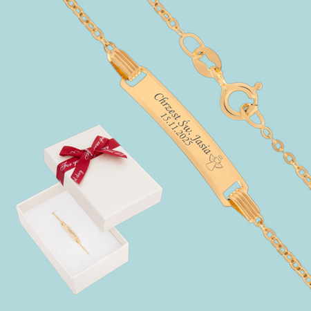 Dziecięca złota bransoletka 585 Brilantata ze splotem i blaszką grawerowaną w pudełku prezentowym