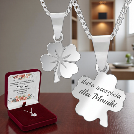 Srebrny naszyjnik koniczynka 925 z grawerem – łańcuszek pancerka + pudełko z dedykacją