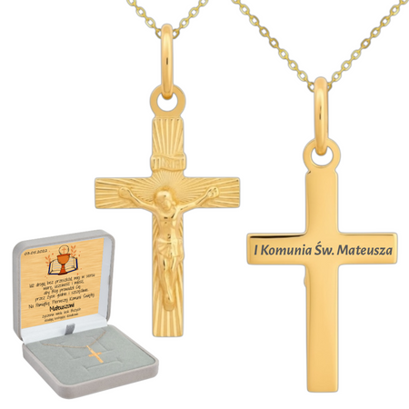 Złoty krzyżyk diamentowany 585 z Jezusem + łańcuszek ankier, pudełko welurowe szare z dedykacją