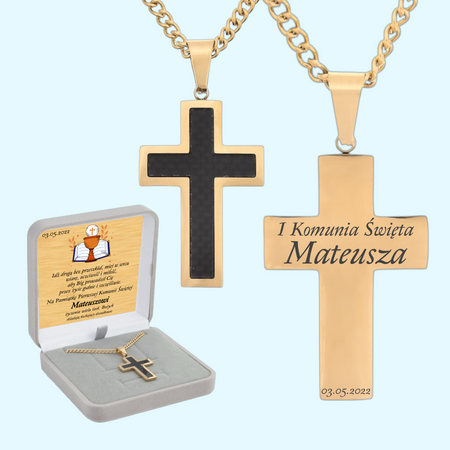 Krzyż stalowy czarno-złoty z grawerem GRATIS – łańcuszek pancerka 60 cm w pudełku prezentowym