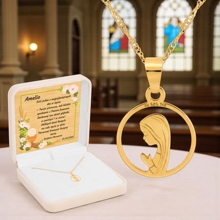 Złoty Medalik 585 z Matką Boską Fatimską w Okręgu – Łańcuszek Singapur w Pudełku z Dedykacją