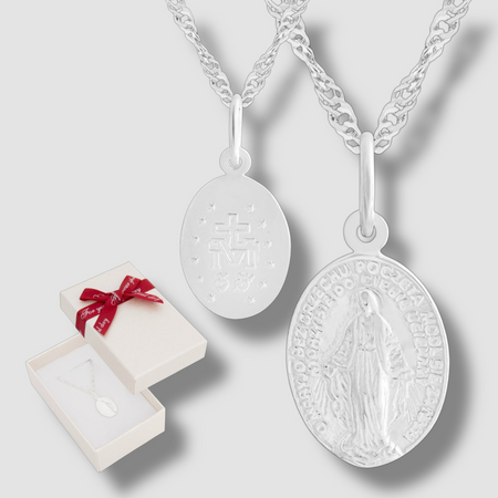 Prezent religijny: medalik srebrny z Maryją + łańcuszek Singapur + pudełko