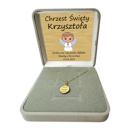 Złoty Komplet na Chrzest, Komunię, Bierzmowanie - Złoty Medalik 585 z Grawerem Matka Boska | Łańcuszek Ankier 585 | Pudełko z Twoją Dedykacją
