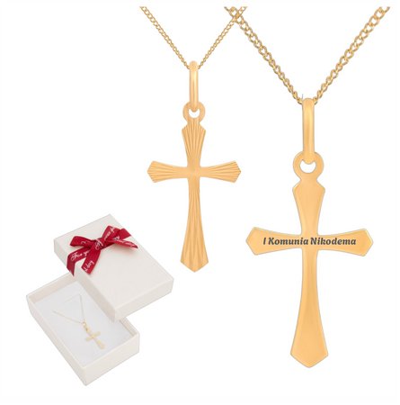 Zestaw złoty pr. 585 – łańcuszek cienka pancerka 50 cm i krzyżyk z grawerem w pudełku