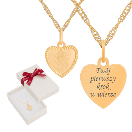 Złoty medalik serce Matka Boska Fatimska + łańcuszek Singapur 585 w pudełku z kokardką