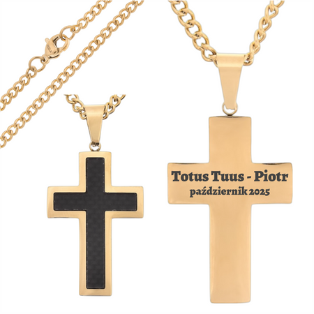 Krzyż stalowy czarno-złoty z grawerem GRATIS – łańcuszek pancerka 60 cm w pudełku prezentowym