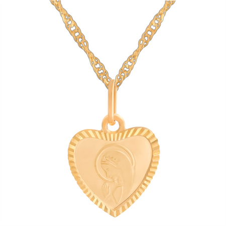 Złoty medalik serce Matka Boska Fatimska + łańcuszek Singapur 585 w pudełku z kokardką