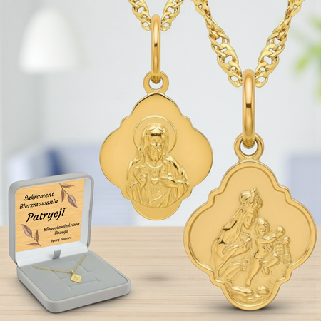 Medalik Szkaplerz złoto 14k próba 585 + łańcuszek Singapur w pudełku z tabliczką dedykacją
