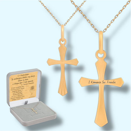 Elegancki Złoty Krzyżyk z Grawerem i Dedykacją na Tabliczce w Pudełku Prezentowym