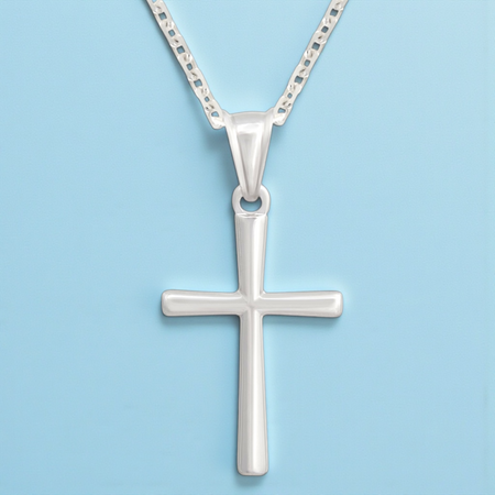 Srebrny krzyżyk z łańcuszkiem pr. 925 Pudełko z dedykacją Prezent na Komunię, na Chrzest, na Bierzmowanie