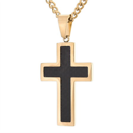 Krzyż stalowy czarno-złoty z grawerem GRATIS – łańcuszek pancerka 60 cm w pudełku prezentowym