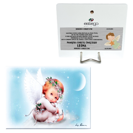 Obrazek malowany na drewnie Twój Anioł Stróż Dedykacja 10×15 cm Prezent na Chrzest