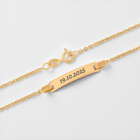 Dziecięca złota bransoletka 585 Brilantata ze splotem i blaszką grawerowaną w pudełku prezentowym