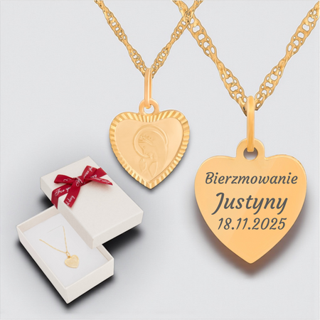 Złoty medalik serce Matka Boska Fatimska + łańcuszek Singapur 585 w pudełku z kokardką