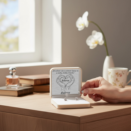 Kremowe pudełko welurowe z białym atłasem i srebrną tabliczką – elegancki prezent