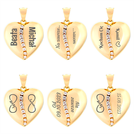 Elegancka Zawieszka Serce Srebro 925 Pozłacane Cyrkonie Grawer Gratis Prezent