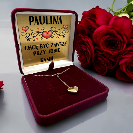 Złoty naszyjnik serce ze stali szlachetnej 316L + pudełko z dedykacją - personalizowany naszyjnik, wyjątkowy prezent na Dzień Matki, urodziny, rocznicę, święta