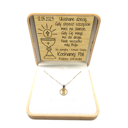 Złoty Medalik 585 z Matką Boską Fatimską w Okręgu – Łańcuszek Ankier w Pudełku z Dedykacją