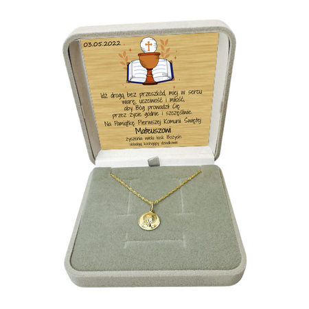 Złoty Medalik 585 z Matką Boską – Łańcuszek Singapur z Grawerem w Pudełku z Dedykacją