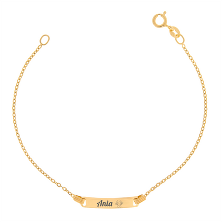 Dziecięca złota bransoletka pr. 585 Brilantata 16 cm 1,1 g z blaszką i grawerem – idealna na chrzest, roczek, komunię