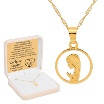 Złoty Medalik 585 z Matką Boską Fatimską w Okręgu – Łańcuszek Singapur w Pudełku z Dedykacją