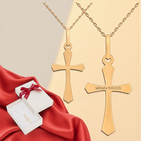 Krzyżyk z łańcuszkiem ankier diamentowany złoty pr. 585 45 cm w pudełku z kokardką złoty pr. 585 – łańcuszek cienka pancerka 50 cm i krzyżyk z grawerem w pudełku