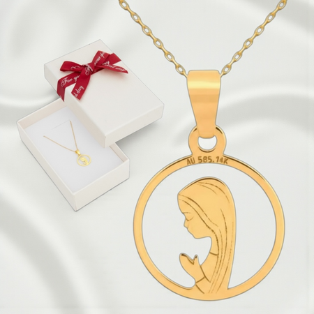 Złoty Medalik z Matką Boską Fatimską w okręgu z Łańcuszkiem Ankier próby 585 – Prezent na Chrzest, Komunię i Bierzmowanie