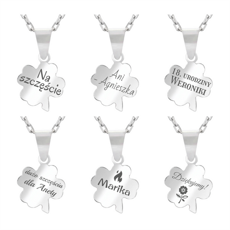 Srebrny naszyjnik koniczynka 925 z grawerem – łańcuszek ankier + pudełko z dedykacją
