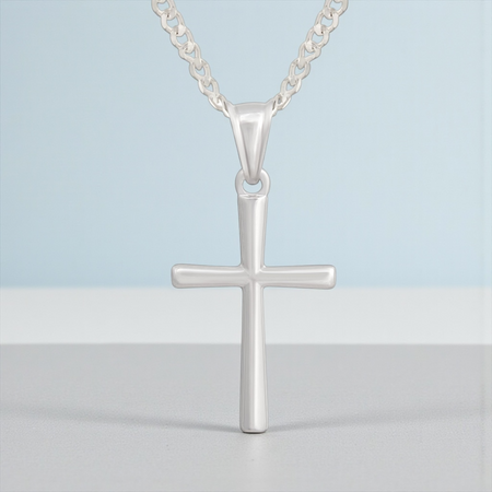 Srebrny krzyżyk z łańcuszkiem pr. 925 Pudełko z dedykacją Prezent na Komunię, na Chrzest, na Bierzmowanie