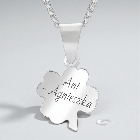 Srebrny naszyjnik koniczynka 925 z grawerem – łańcuszek pancerka + pudełko z dedykacją