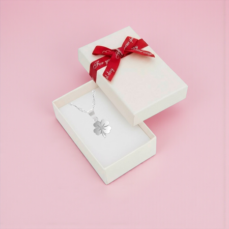 Srebrny naszyjnik koniczynka 925 z grawerem – łańcuszek singapur + pudełko prezentowe