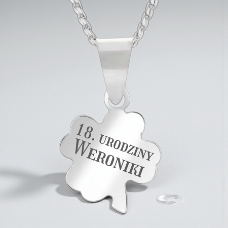 Srebrny naszyjnik koniczynka 925 z grawerem – łańcuszek pancerka, pudełko prezentowe