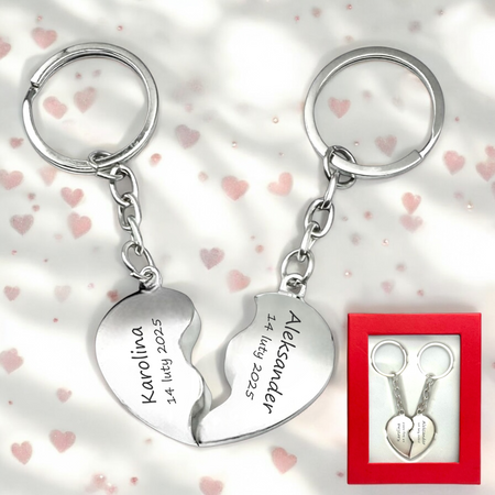 Para breloków dla par – Połówki Serca z Personalizowanym Grawerem GRATIS w Eleganckim Pudełku, Prezent na Walentynki, Rocznicę lub Ślub