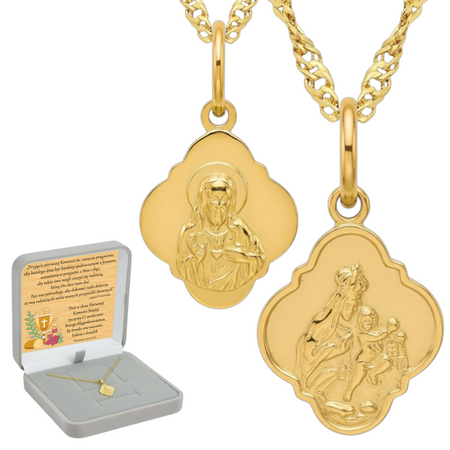 Medalik Szkaplerz złoto 14k próba 585 + łańcuszek Singapur w pudełku z tabliczką dedykacją