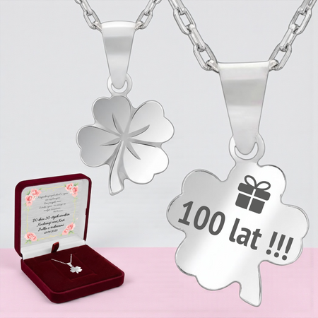 Srebrny naszyjnik koniczynka 925 z grawerem – łańcuszek ankier + pudełko z dedykacją