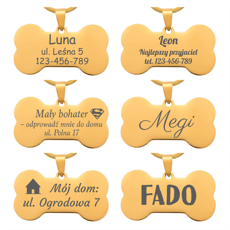Adresówka dla psa złota kość stal nierdzewna personalizowana zawieszka z grawerem
