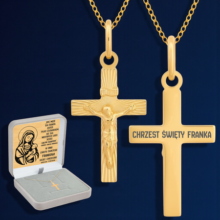 Złoty krzyżyk 585 z Jezusem + łańcuszek pancerka, pudełko welurowe szare, grawer gratis