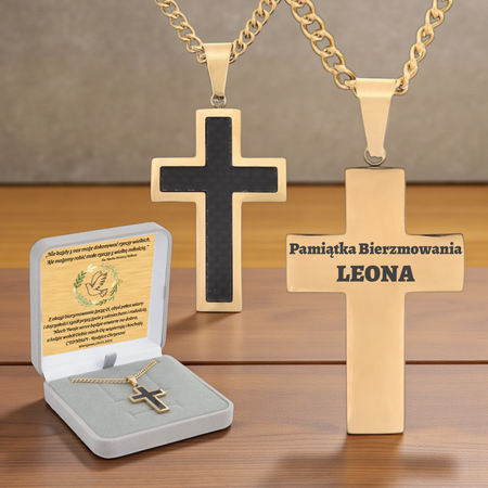 Krzyż stalowy czarno-złoty z grawerem GRATIS – łańcuszek pancerka 60 cm w pudełku prezentowym