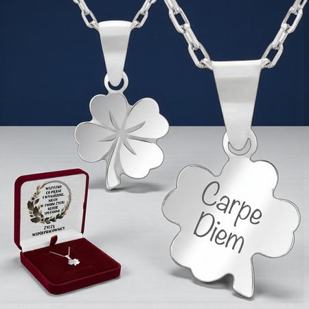 Srebrny naszyjnik koniczynka 925 z grawerem – łańcuszek ankier + pudełko z dedykacją