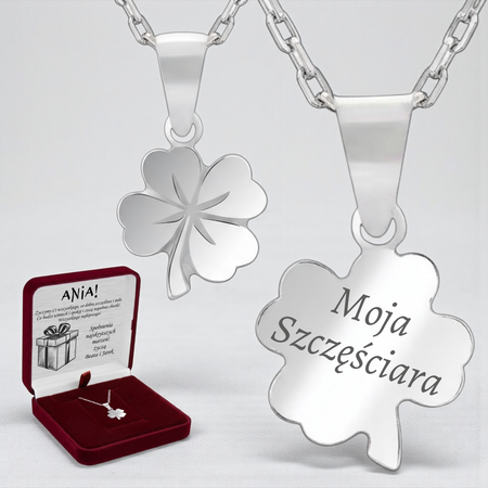 Srebrny naszyjnik koniczynka 925 z grawerem – łańcuszek ankier + pudełko z dedykacją
